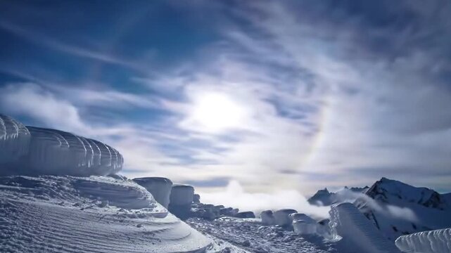 sun halo over a snowy mountain landscape, with dramatic clouds and icy formations, atmosphere change
