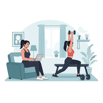 Vector illustration of two women in a home setting; one sits in a chair using a laptop while the other performs lunges with dumbbells, representing a virtual fitness class or coach.
