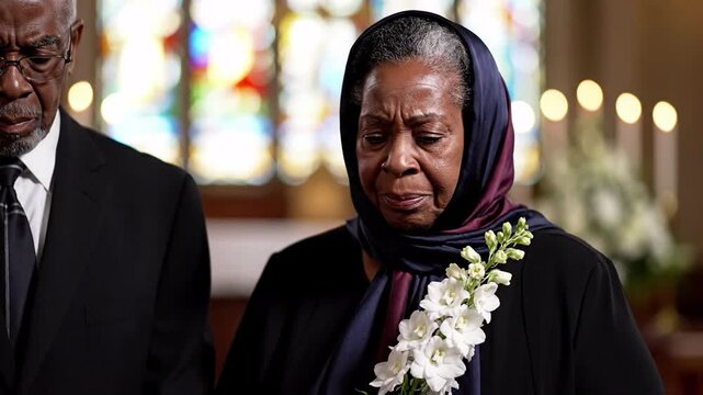 Grieving elderly Black couple in church, woman with headscarf and funeral flowers, man in suit, stained glass background, somber mood