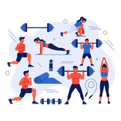 Fototapeta premium Diverse group of people doing various exercises in a gym setting with equipment.