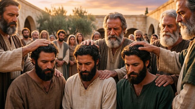 Apostles laying hands on chosen men to serve the church. Biblical scene from Acts of the Apostles chapter 6. Religious ordination, blessing and prayer service in ancient Jerusalem historical.
