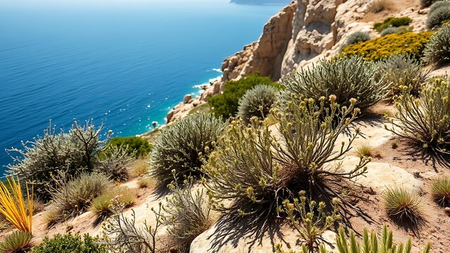nationalization. Low thorny shrubs and herbs on sun-drenched limestone terrain along a coastline. gardening catalogs, home-decor guides, designed for gardening and botanical catalogs.