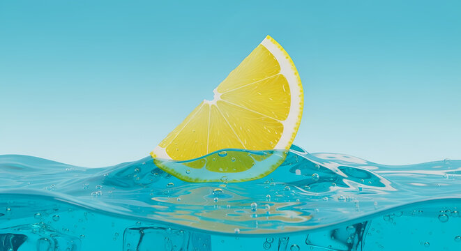 Lemon slice floating in refreshing sparkling blue water with ice cubes, vibrant citrus splash, cool summer beverage concept, hydration and freshness, beverage marketing background.
