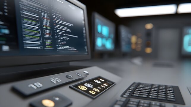 A detailed view of a futuristic control console displaying lines of code and complex data visualization in a dimly lit environment