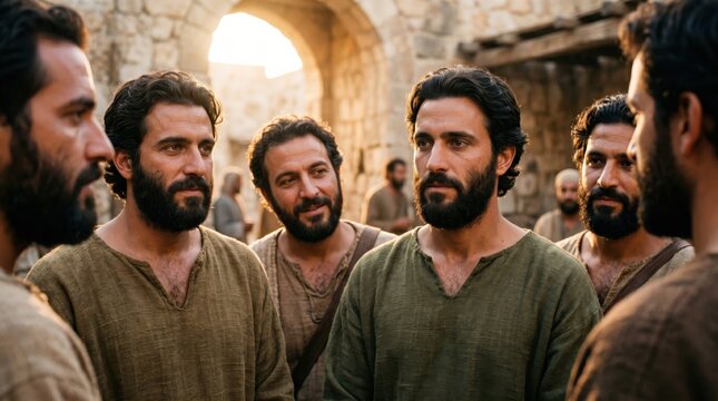 Group of historic men standing in an ancient city setting. Biblical scene depicting the selection of seven men from Acts 6. Religious narrative representing faith, servant and ministry.