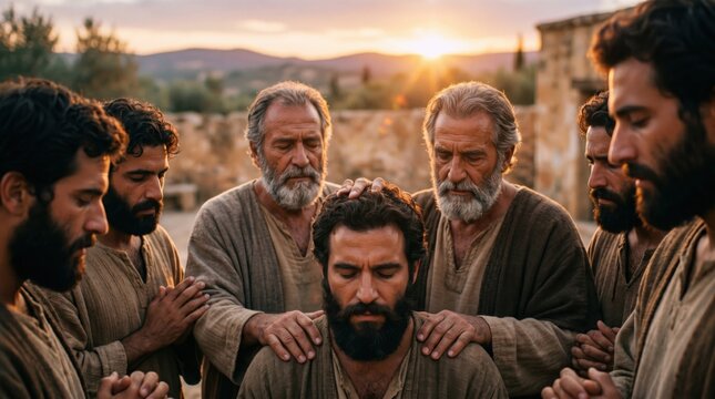 Apostles laying hands on Stephen in prayer. Biblical scene from Acts of the Apostles chapter 6 showing the ordination of the first deacons. Religious historical gathering of holy men.