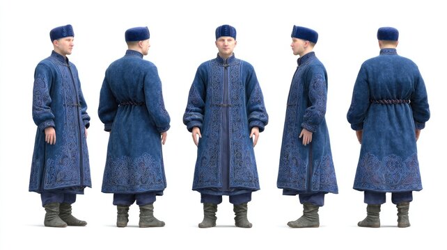 Historical Man in Ornate Blue Kaftan and Hat, Full 360-Degree Turnaround