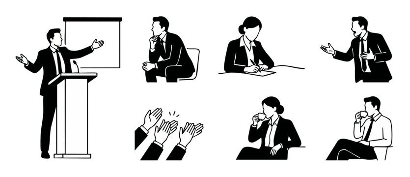 Business people silhouettes set for professional office presentation meeting corporate characters black and white line art vector illustration collection icons of management and teamwork communication