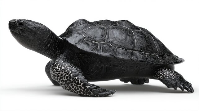 Intricate Black Turtle Sculpture:  3D Render of a stylized turtle shell with detailed linework and textured surface, isolated on white background.