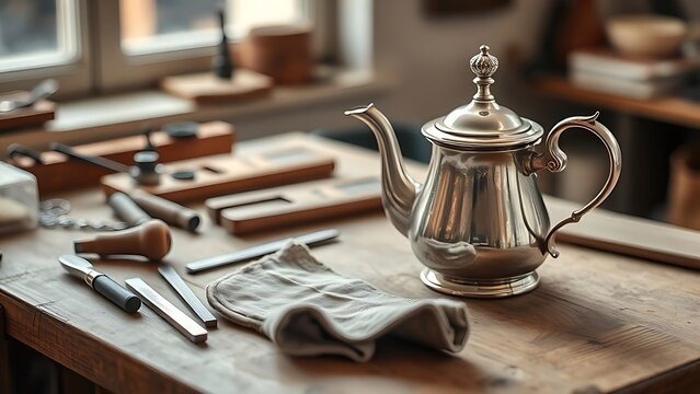 silversmith. Silversmith's wooden workbench with tools and a gleaming silver teapot in progress, soft window light. safety posters.
