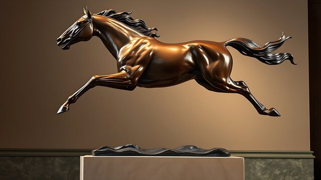 racehorse. Bronze statue of a galloping racehorse on a stone pedestal. event programs, museum guides, designed for cultural heritage projects and event programs, supports education.