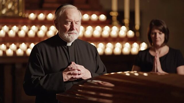 Elderly clergyman praying at a funeral service with a casket in the foreground and candles in the background, somber mood, religious ceremony, grief and loss