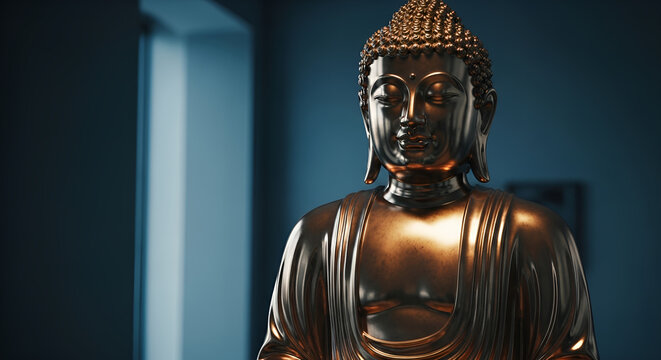 Golden Buddha statue in serene meditative pose, polished bronze finish, tranquil spiritual atmosphere for mindfulness, zen interior decor, eastern religious icon, calm meditation.