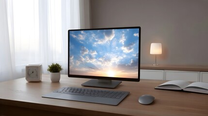 Fototapeta premium A professional clean workspace featuring a computer monitor displaying a vibrant cloud filled sunrise against a wooden desk