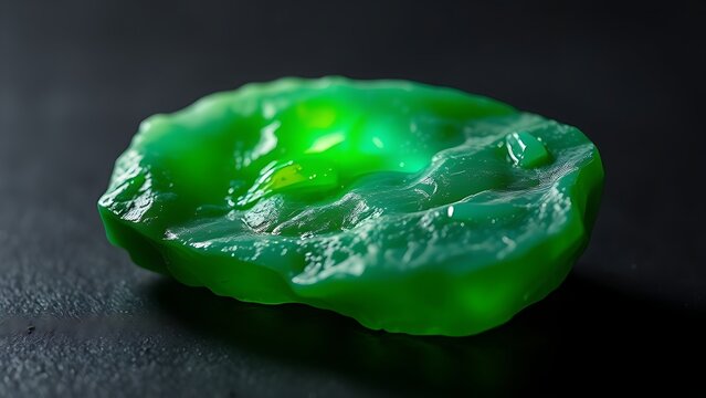 jadeite. Uncut jadeite rough stone glowing warm green under spotlight on dark surface. STEM education sheets, lab safety posters, designed for biotech research communications.