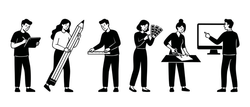 Creative Design Team Working Together Flat Illustration - Office Workflow, Professional Artists, Graphic Designers, Architects, Product Developers, Creative Process, Minimalist Line Art Style Set Isol