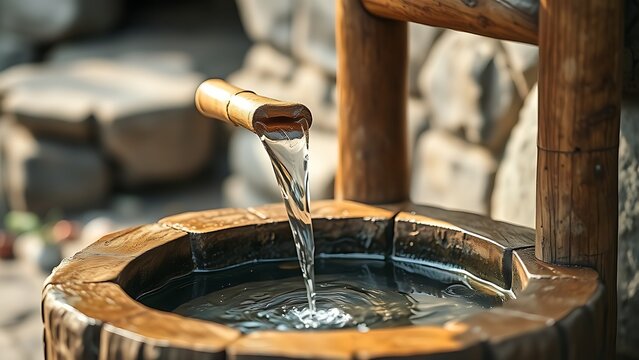 wellhead. Ancient wooden wellhead with bamboo pipe channeling water into stone trough. travel magazines, destination branding, designed for travel destination branding, elevates destination branding.
