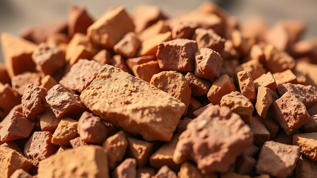 bauxite. Pile of rough ochre bauxite ore samples in red and yellow, close-up with shallow focus. safety posters, maintenance manuals, designed for industrial assembly lines and welding operations.