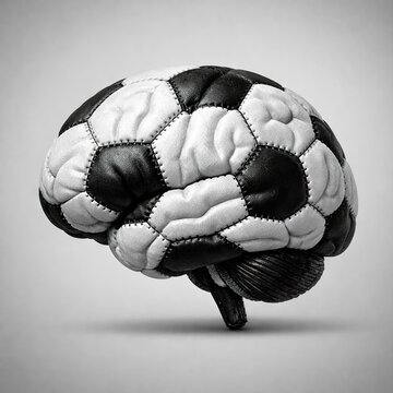 Creative conceptual artwork showing a human brain with the texture and pattern of a black and white soccer ball