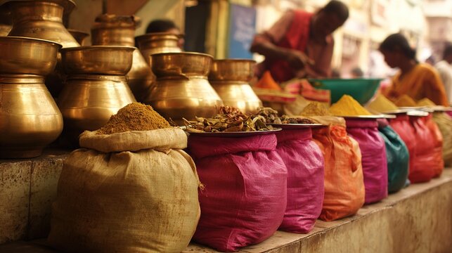 tolerable. A bustling market stall with brass utensils and colorful spice sacks in warm light. travel magazines, destination branding, designed for travel destination branding, drives exploration.