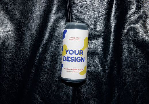 Mockup Of Customizable 16Oz Drinks Can On Leather