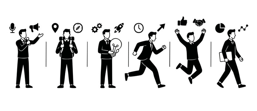 Business Process Infographic Icons Set with Professional Manager Characters, Corporate Workflow Development, Growth Strategy, and Success Management Steps in Minimalist Black and White Vector Illustra
