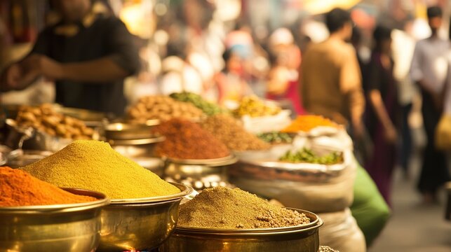 tolerable. A bustling market stall with brass utensils and colorful spice sacks in warm light. travel magazines, destination branding, designed for travel destination branding, drives exploration.