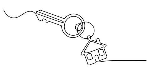 Continuous line drawing of a house key with home keychain © Icon_gallery
