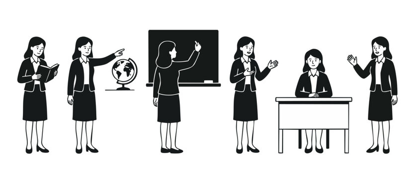 Businesswoman Teacher Character Set, Professional Woman Teaching Classroom Icons, Corporate Training Presentation and Academic Lessons, Educational Training Vector Illustration for Business or School