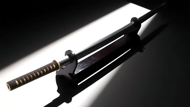 unsheathed. Japanese katana on dark lacquered stand with sharp shadows. event programs, museum guides, designed for cultural heritage projects and event programs, preserves heritage.