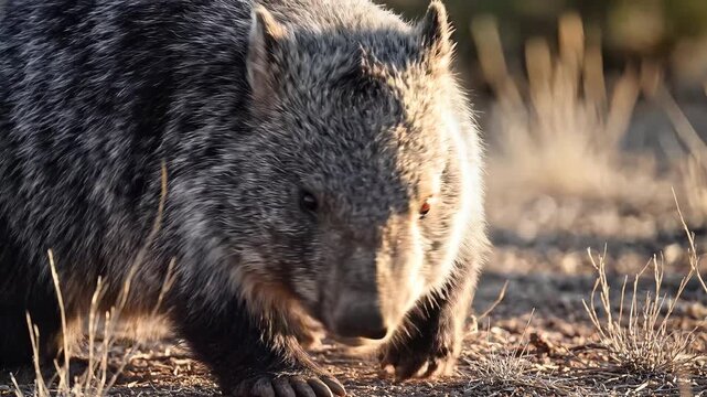 Closeup of a Wombat walking in dry grass during golden hour.