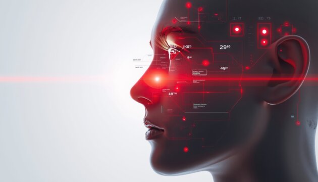 Profile of futuristic AI face with red data streams.