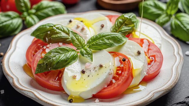Delicious Caprese Salad with Fresh Basil and Olive Oil Drizzle.
