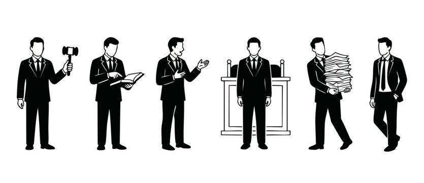 Lawyer characters set for legal system illustration: judge with gavel, attorney reading law book, prosecutor presenting case, and office work tasks in professional suit, black and white vector icons.