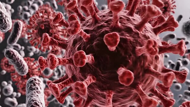 Microscopic view of red virus particles and bacteria in motion.