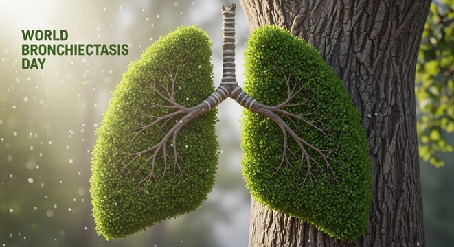 World Bronchiectasis Day Conceptual Visual of Lush Green Tree Branches Shaped Like Human Lungs for Respiratory Health Awareness and Pulmonary Care