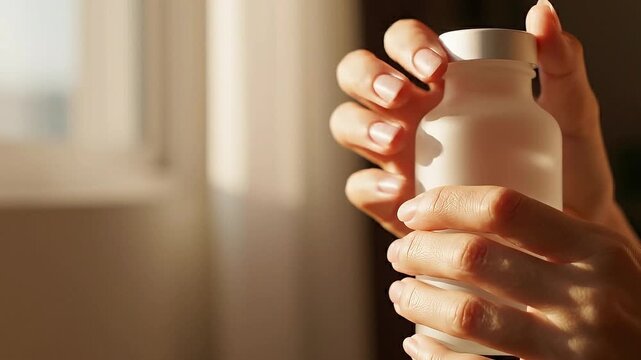 Hands holding white bottle with cap in warm sunlight near window light shadows.