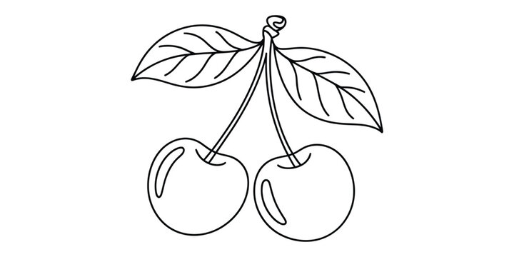 Simple line drawing of two fresh cherries with green leaves