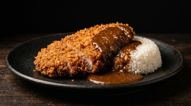 Katsu Curry with Tonkatsu and Rice on Dark Ceramic Plate
