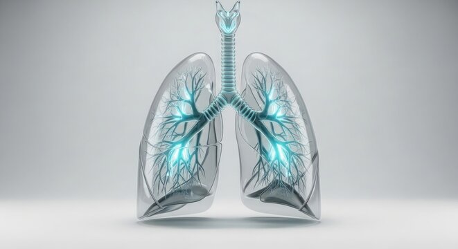 Anatomical human lungs model for World Bronchiectasis Day featuring an intricate bronchial tree with translucent glass texture and soft cyan glow