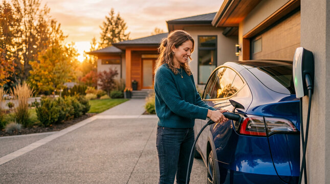 Person plugging in electric car at home at sunset, warm cinematic light, subtle smile, clean driveway, minimal distractions, ad-ready composition.
