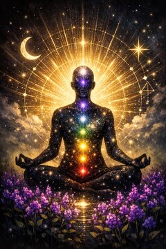 Spiritual illustration of a meditating figure in a lotus pose with glowing chakra points and a radiant golden halo amidst a starry cosmos