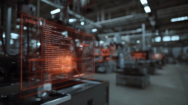 A complex augmented reality interface projecting code and data visualizations over modern industrial hinery