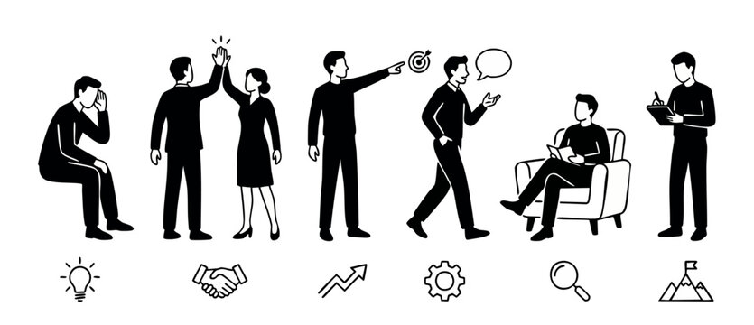 Business People Set Vector Icons, Teamwork Activities and Corporate Professional Actions, Human Poses Illustration for Office Workflow, Management Productivity, Communication Skills and Leadership Con