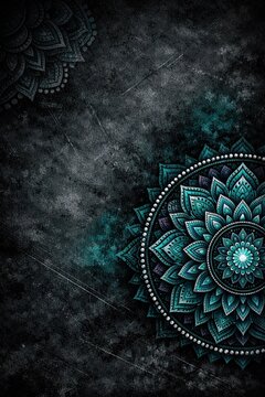 Intricate teal and black mandala designs layered over a dark textured and smoky background