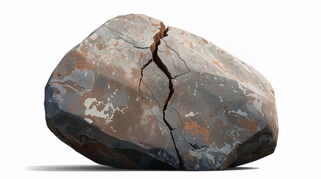 Cracked weathered boulder with rust colored patches isolated on white background vulnerability concept