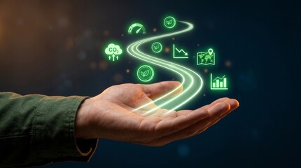 Fototapeta premium hand holding glowing green business icons and graphs on dark background