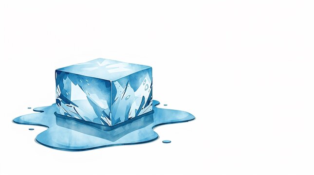 Melting ice cube with water puddle in watercolor illustration style for climate change concept