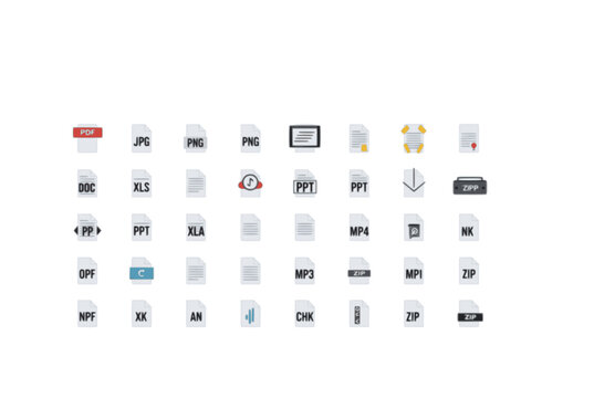 File Formats Extension Icon Set. Flat Vector Diverse Symbols for PDF, JPG, PNG, and DOC Document.
