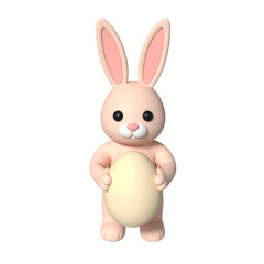 Obraz premium Pink clay 3 d bunny holding a cream egg, cute cartoon style png isolated on a transparent background